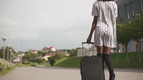 Back View Of Elegant African American Business Lady Going To The Airport With Her Luggage