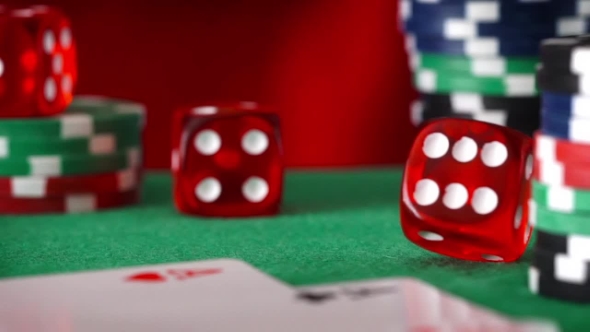 Red Dice In Sequence Rolls, Casino Chips, Cards On Green Felt alt