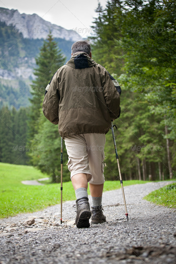 active handsome senior man nordic walking outdoors on a forest p - Stock Photo - Images