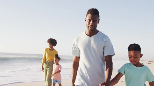 Smiling african american holding hands and walking on sunny beach alt
