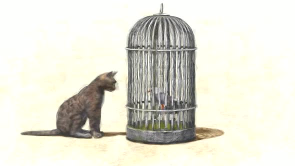 Cat and Bird in a Cage Stop Motion