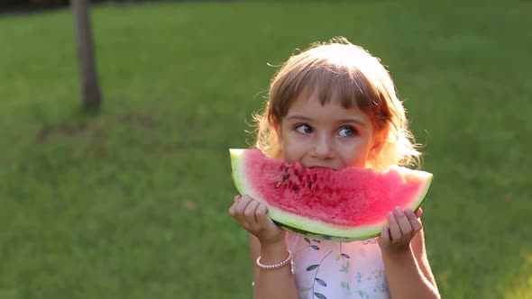 Portrait of Happy Little Girl with Watermelon in Summer Sunny Park alt