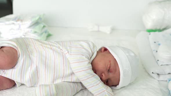 Awake Newborn Baby Face Portrait Acne Allergic Irritations Early Days Sneeze On White Background alt