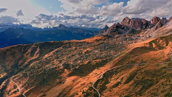 Passo Giau in Dolomites in autumn, Italy, aerial view alt