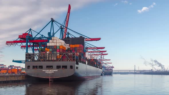 Container loading cargo freight ship, Time Lapse 4K
