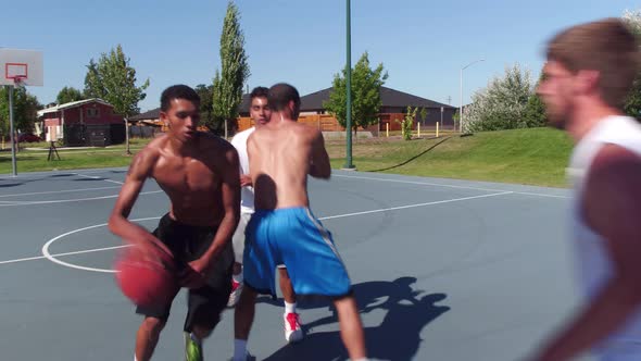 Friends playing basketball at park