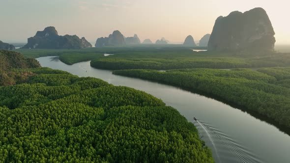 Drone shot tracking a boat on a river in the mangrove forest, Thailand alt
