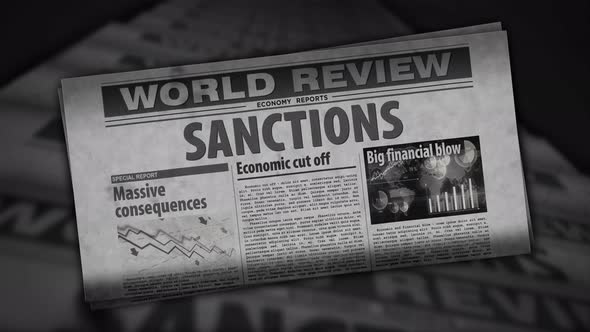 Sanctions, economy blockade, politics and embargo news retro newspaper printing press alt
