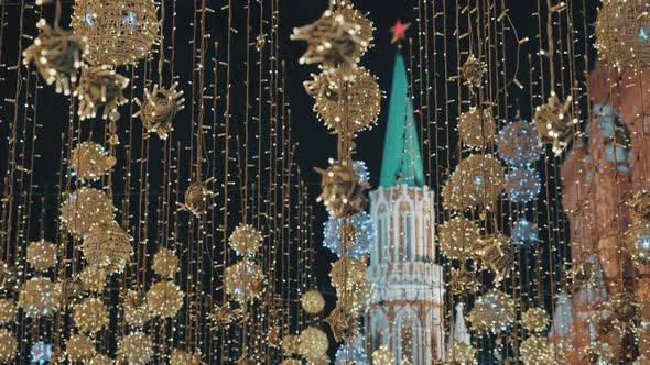 Night View of the Moscow Kremlin the Spasskaya Tower Through the Flying Snow Colorful Christmas