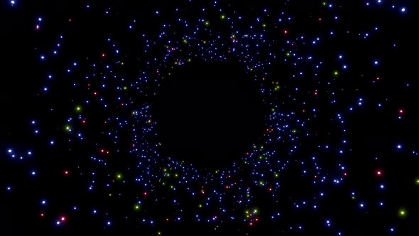Radial three-color particles that emit light. An orbit that gathers from the outside to the center.