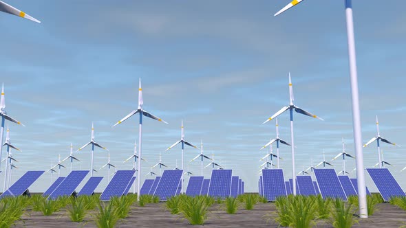 Solar Energy Background - Solar Panel And Wind Turbine 4K