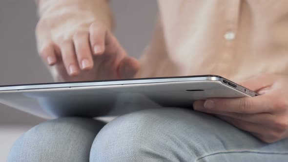 Freelancer Designer Girl Typing, Working on Tablet, Online Shopping Technology alt