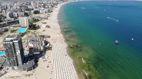 Aerial footage of the beautiful coastline of Bulgaria at the area of Sunny Beach