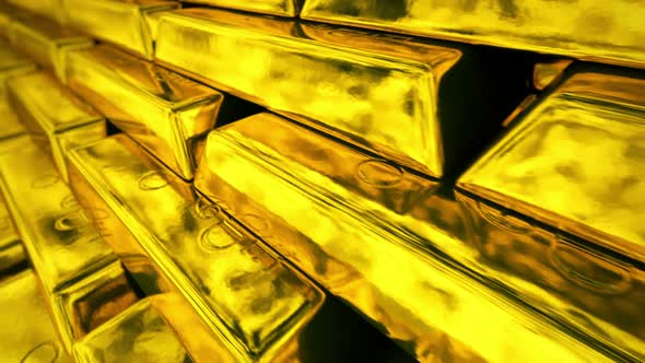 Infinite stack of fortune-worth golden ingots. Side view. Loopable animation. HD alt