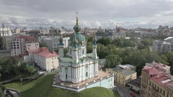 Kyiv. Ukraine. St. Andrew's Church. Aerial. Flat, Gray alt