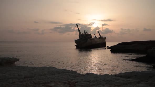 a Ship That Ran Aground at Sunset
