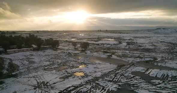 Aerial view of a dry vineyard in the snow, Golan Heights, Israel. alt