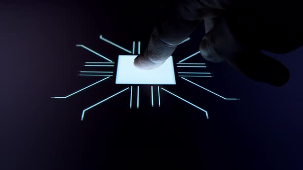 Human finger is pressing a digital button on a glowing touchscreen. alt