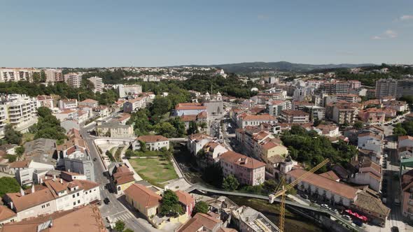 Aerial view of downtown residential aerial, City of Leiria, Portugal