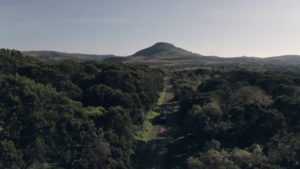 4 wheel drive vehicle driving through forest scenery in Aberdare National Park, Kenya, Africa. Aeria alt