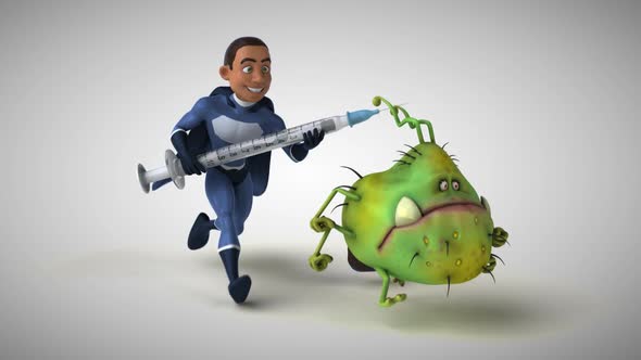 3D Animation of a fun superhero chasing a virus with a vaccine alt