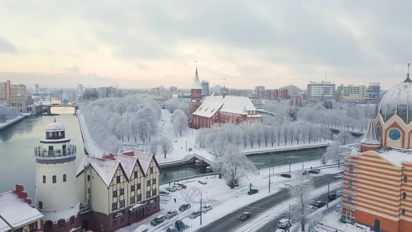 Aerial: The Cathedral in the snow-covered city of Kaliningrad, Russia alt