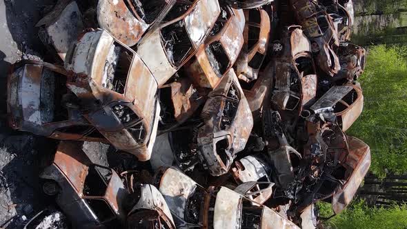 Vertical Video of Destroyed and Shot Cars in the City of Irpin Ukraine alt