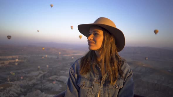 Close Up Happy Young Woman With Hat On Hot Air Balloon