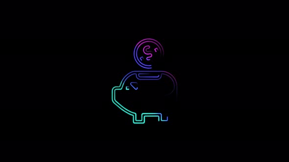 Piggybank icon pig and coin abstract seamless animation of 4K neon lines.