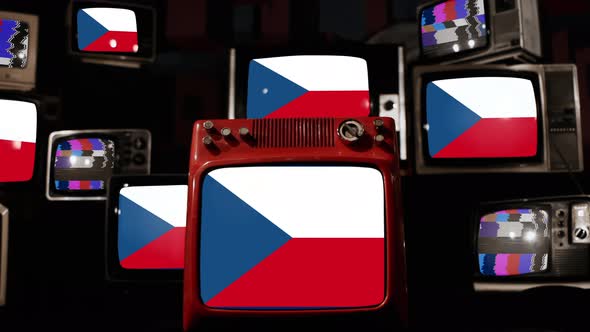 Flag of the Czech Republic on Retro TVs. 4K.