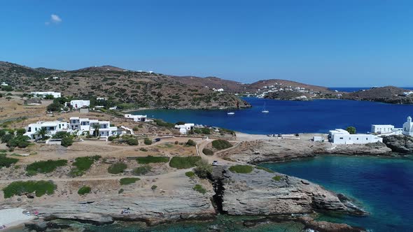 Faros beach on the island of Sifnos in the cyclades in Greece seen from the sky alt