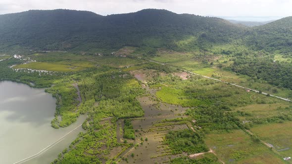 Landscape around the city of Sihanoukville in Cambodia seen from the sky alt