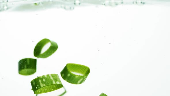 Slow Motion of Aloe Vera Plant Slices Falling Into Water and Splashing alt
