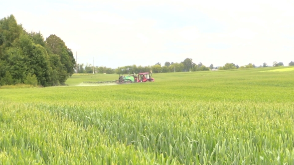 Farmer Spray Crop Field At Summer Season, Herbicides, Pesticides