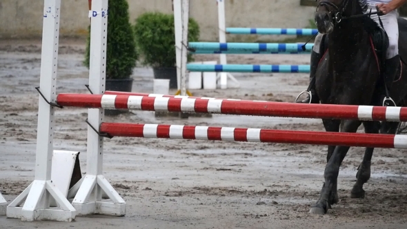 Horse Runs On The Sand And Jumps Through a Barrier.  alt