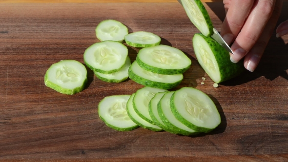 Hands Cut Slice Cucumber Knife Small Pieces Wooden Board
