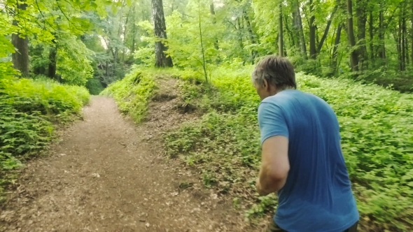 Adult Man Running Jogging Outdoors In a Forest Nature On a Forest Trail