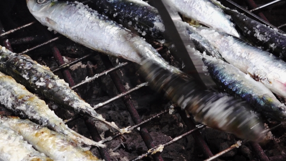 Cooking Sardines Fish On Barbeque