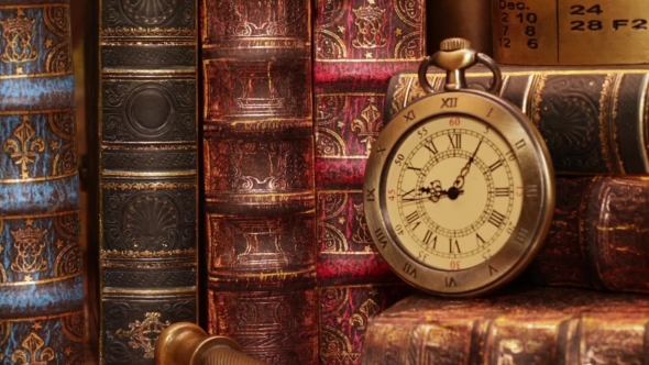 Vintage Clock On a Book. Old World Map In 1565.