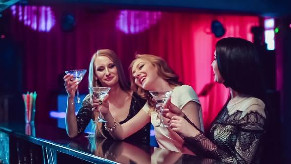 Three Beautiful Girls At Bar In Nightclub, Stock Footage | VideoHive