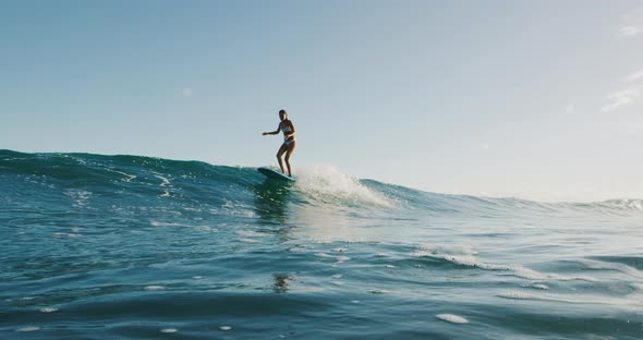 Young woman hanging five surfing a wave at sunset alt