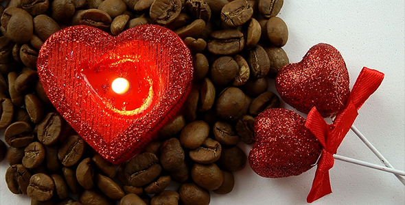 Heart Shaped Candle in Coffee Beans and Red Hearts