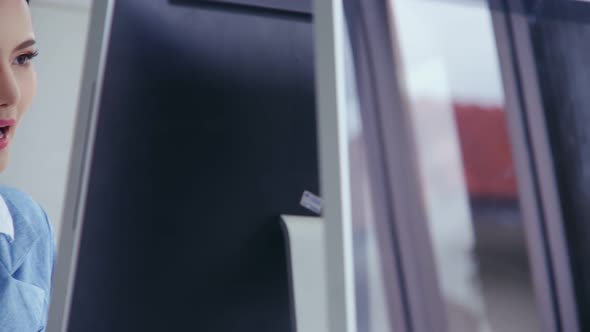 Customer Support Agent or Call Center with Headset Talking to Customer on Phone alt