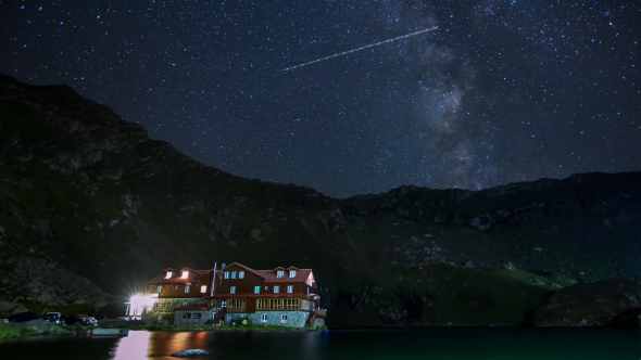 Isolated Cabin On A Mountain Lake With Milky Way Galaxy at Night 2