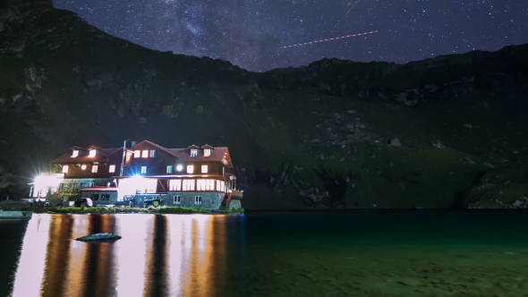 Isolated Cabin On A Mountain Lake With Milky Way Galaxy at Night 3