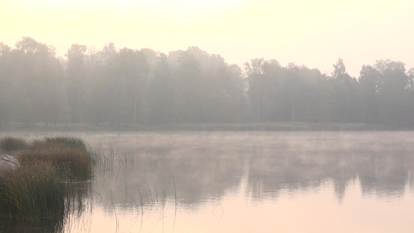 Foggy Early Morning On Lake In Country Region.
