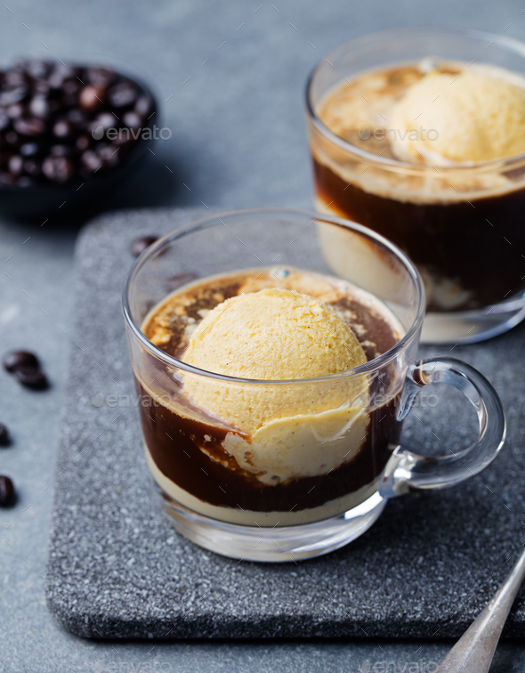 Affogato coffee with ice cream on a glass cup Grey slate background Food  Images