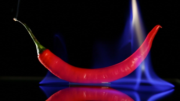 Burning Hot Chilli Pepper With Flame On Black Mirror Background