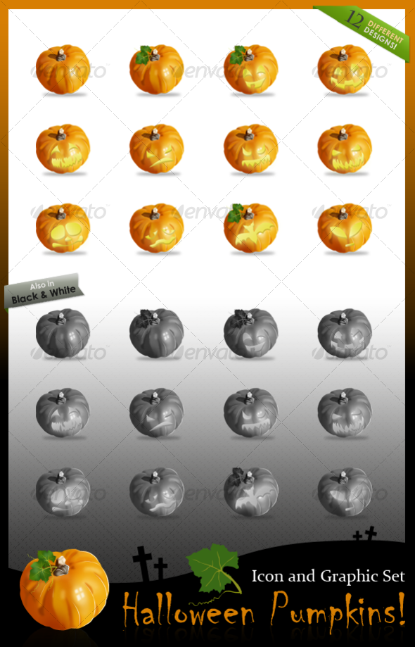 2 Fall Pumpkins, and 10 Carved Halloween Pumpkins! - Objects Illustrations