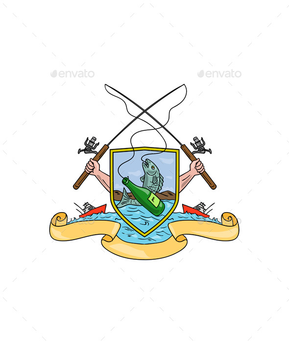 Fishing and Beer Bottle Coat of Arms Drawing - Man-made Objects Objects